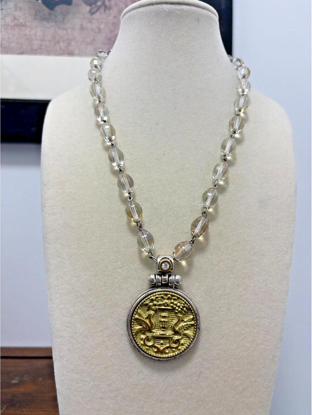 Brighton LUCIA Rosary Necklace Gold Tone Coin Pendant Glass Beads Silver Plated